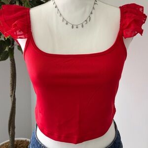 Red Cropped with Ruffle Sleeves Top